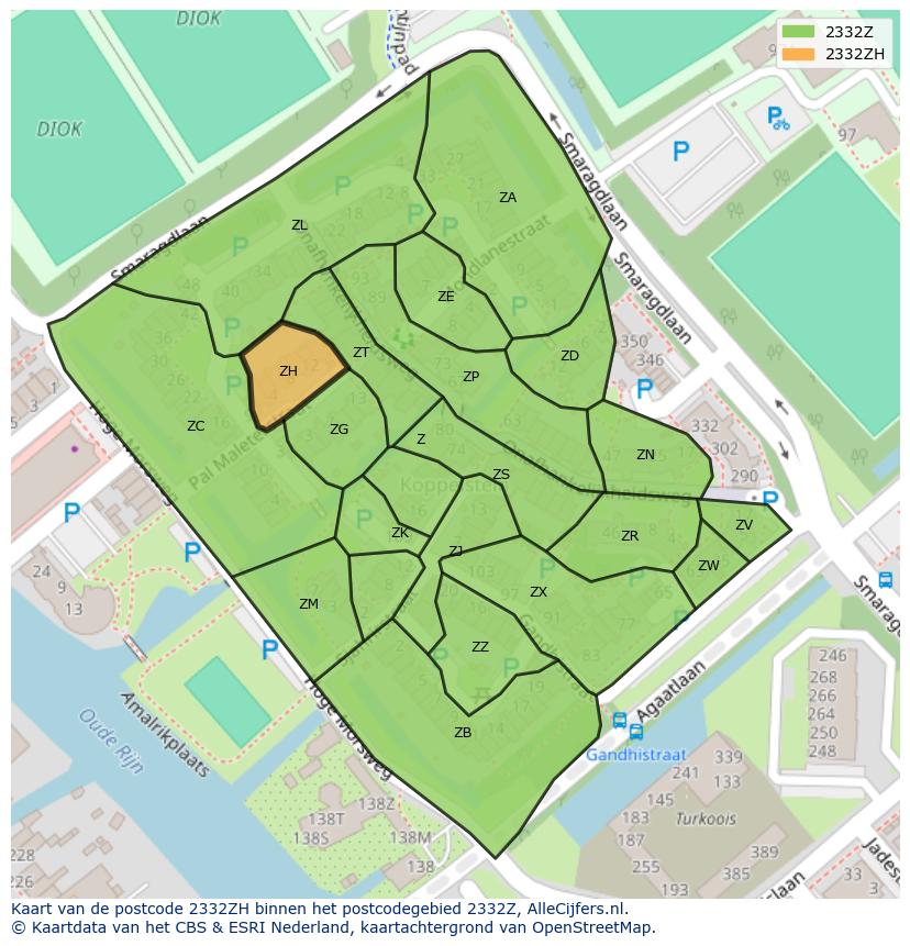 Afbeelding van het postcodegebied 2332 ZH op de kaart.