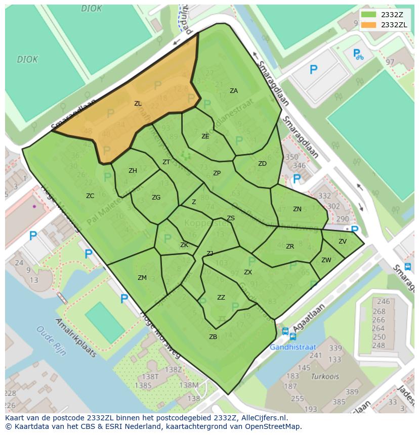 Afbeelding van het postcodegebied 2332 ZL op de kaart.