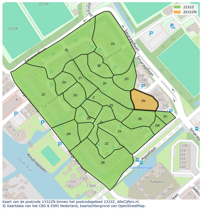 Afbeelding van het postcodegebied 2332 ZN op de kaart.