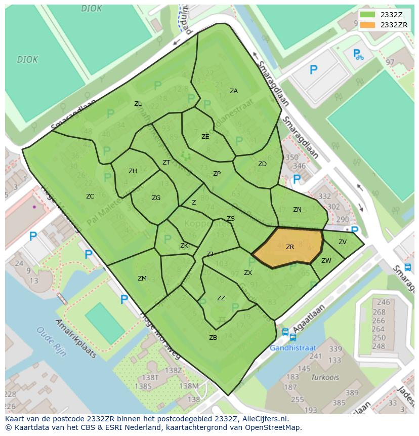 Afbeelding van het postcodegebied 2332 ZR op de kaart.
