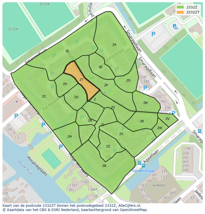 Afbeelding van het postcodegebied 2332 ZT op de kaart.