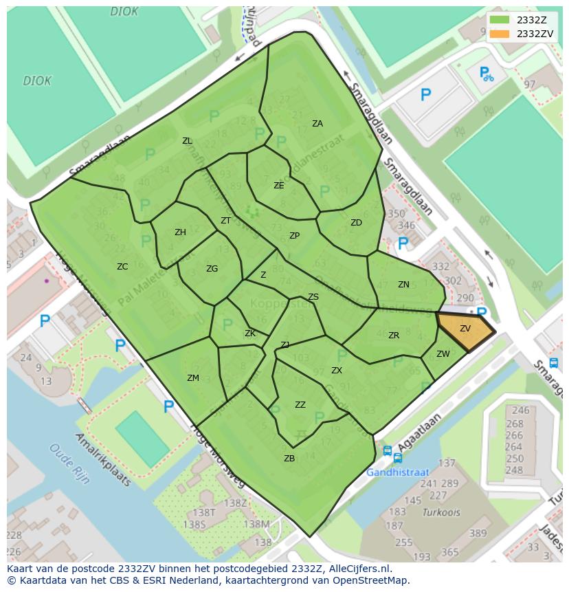 Afbeelding van het postcodegebied 2332 ZV op de kaart.