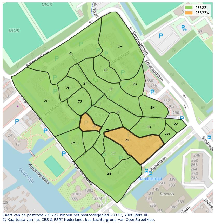 Afbeelding van het postcodegebied 2332 ZX op de kaart.