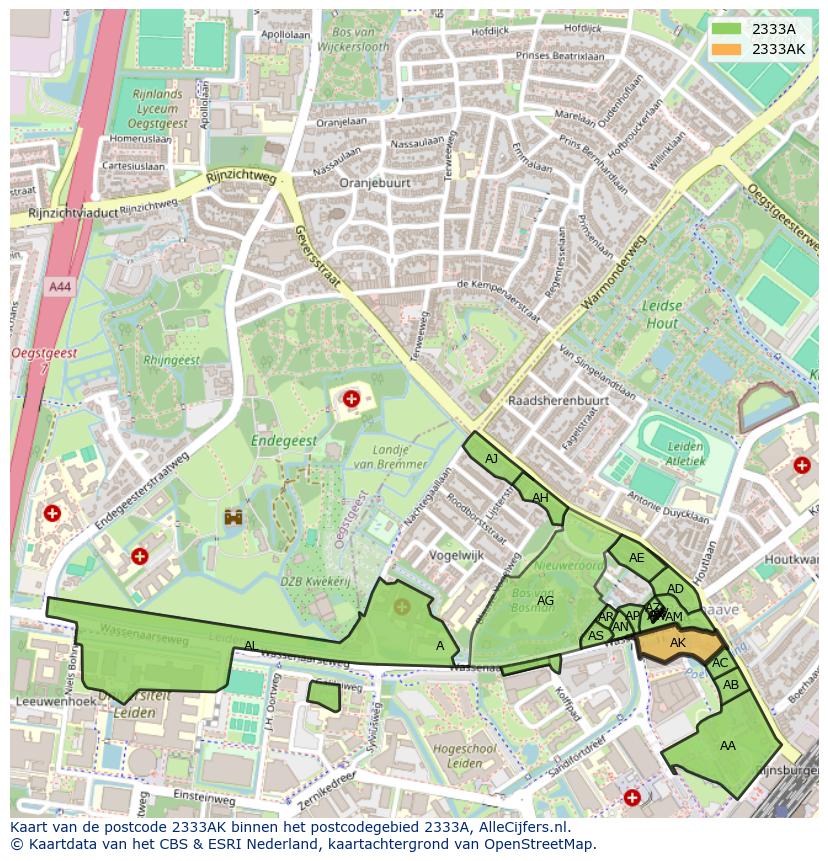 Afbeelding van het postcodegebied 2333 AK op de kaart.