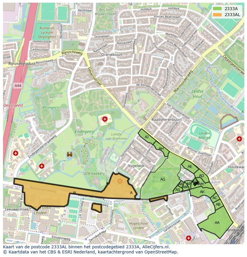 Afbeelding van het postcodegebied 2333 AL op de kaart.
