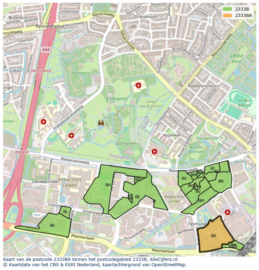 Afbeelding van het postcodegebied 2333 BA op de kaart.