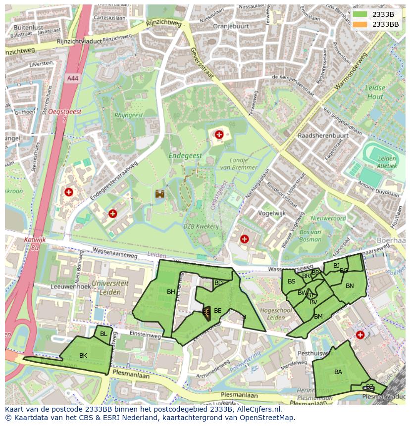 Afbeelding van het postcodegebied 2333 BB op de kaart.