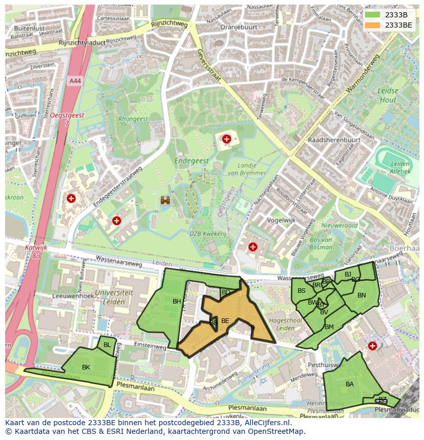 Afbeelding van het postcodegebied 2333 BE op de kaart.