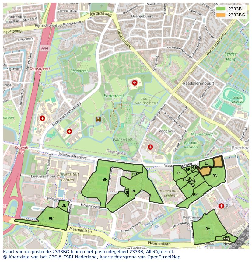 Afbeelding van het postcodegebied 2333 BG op de kaart.