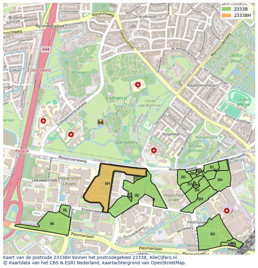 Afbeelding van het postcodegebied 2333 BH op de kaart.