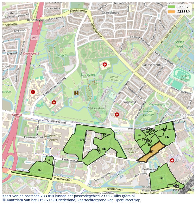 Afbeelding van het postcodegebied 2333 BM op de kaart.
