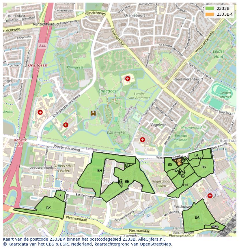 Afbeelding van het postcodegebied 2333 BR op de kaart.
