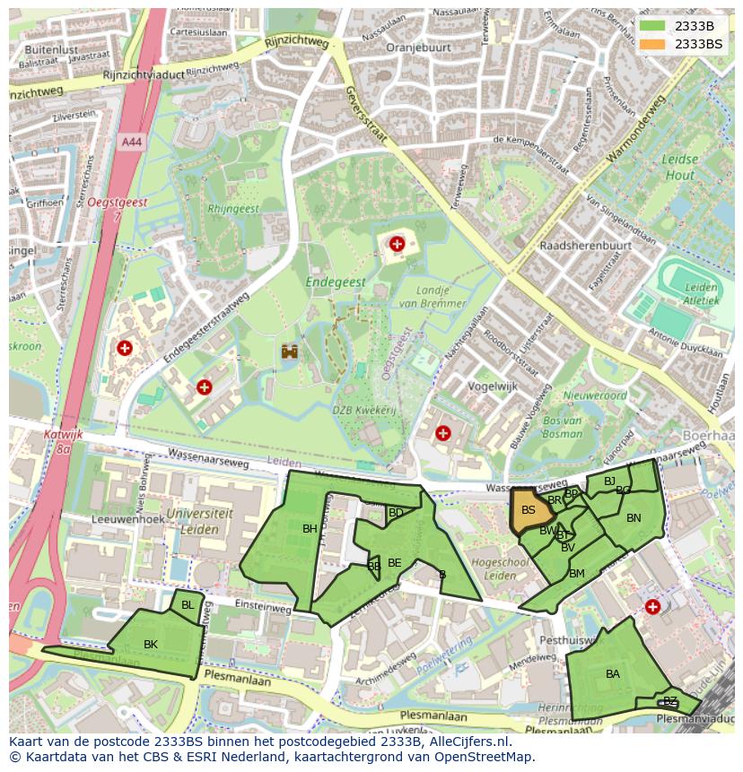 Afbeelding van het postcodegebied 2333 BS op de kaart.