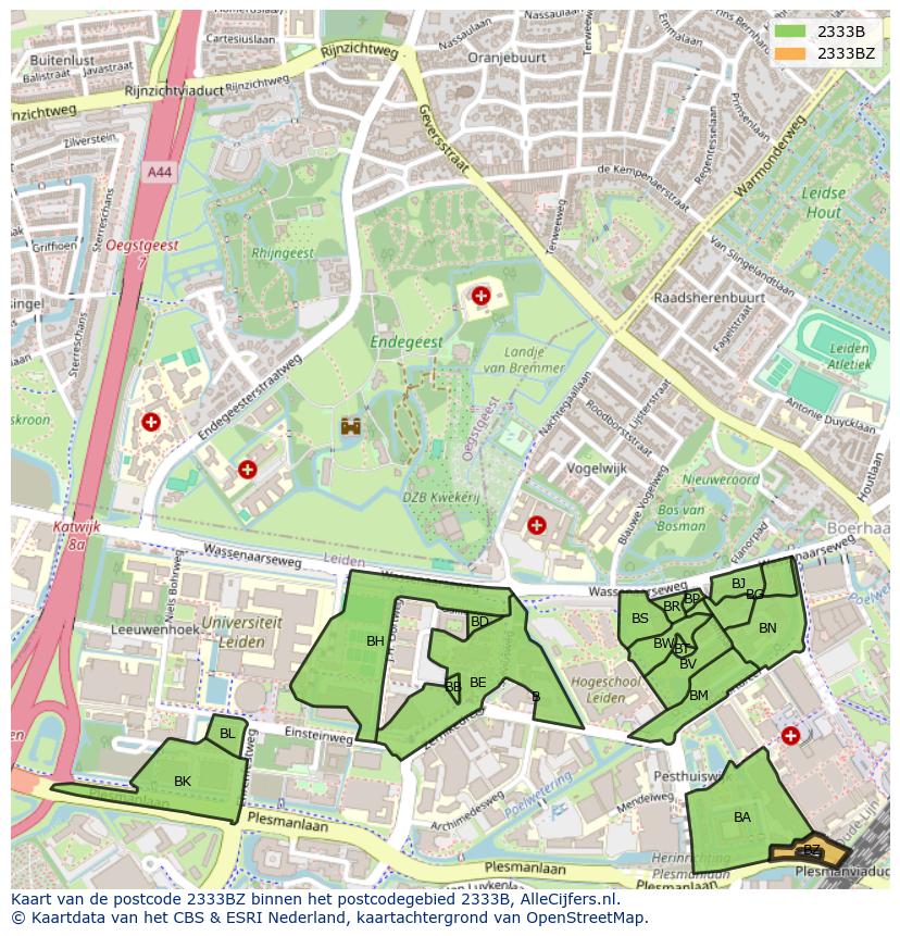 Afbeelding van het postcodegebied 2333 BZ op de kaart.
