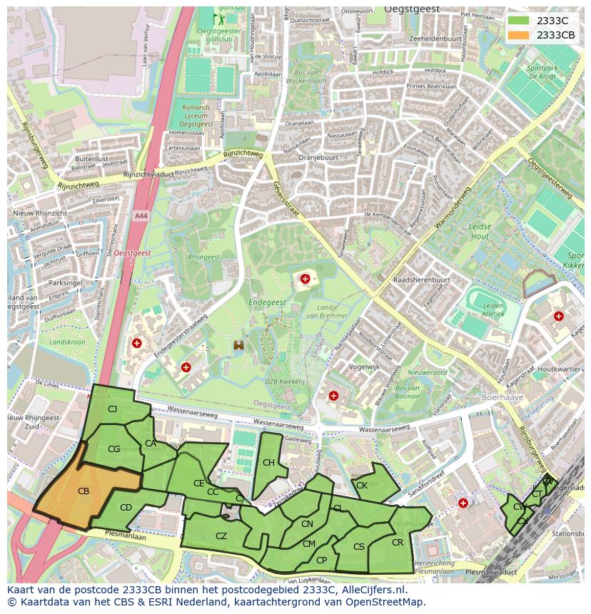 Afbeelding van het postcodegebied 2333 CB op de kaart.