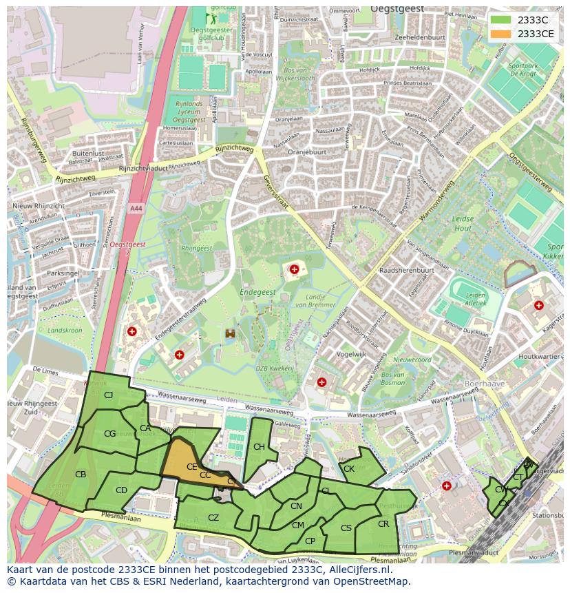 Afbeelding van het postcodegebied 2333 CE op de kaart.