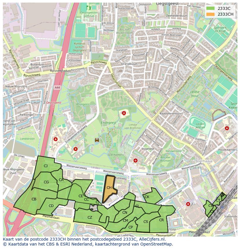 Afbeelding van het postcodegebied 2333 CH op de kaart.