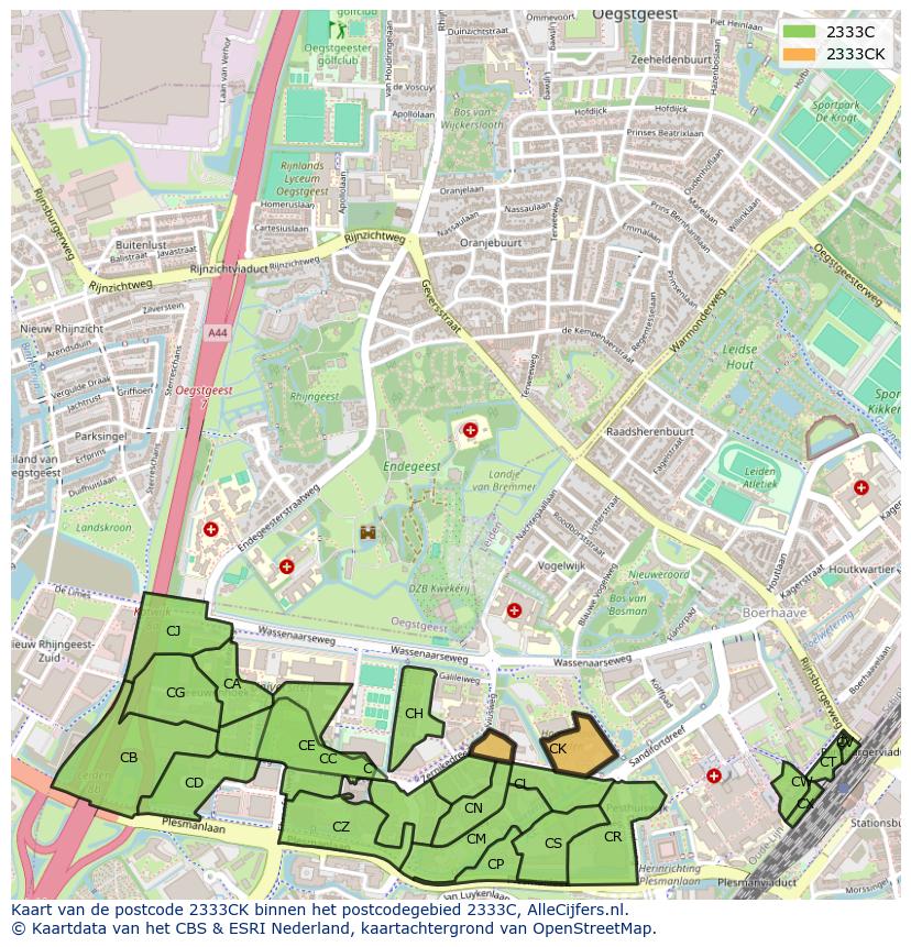 Afbeelding van het postcodegebied 2333 CK op de kaart.