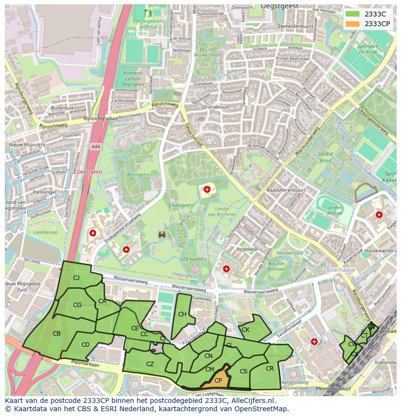 Afbeelding van het postcodegebied 2333 CP op de kaart.
