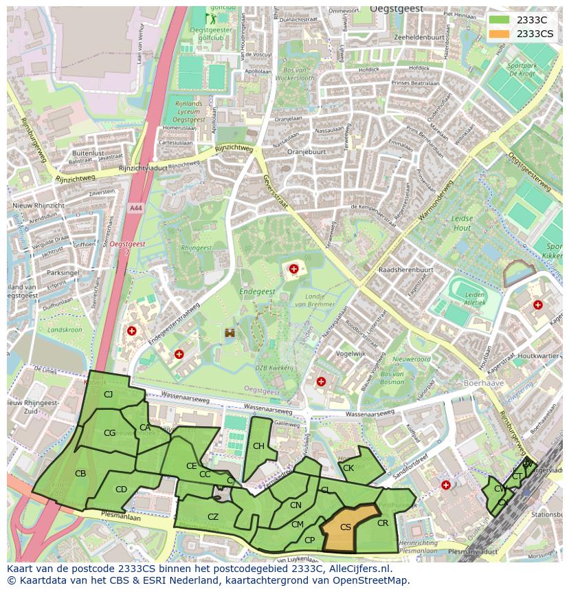 Afbeelding van het postcodegebied 2333 CS op de kaart.