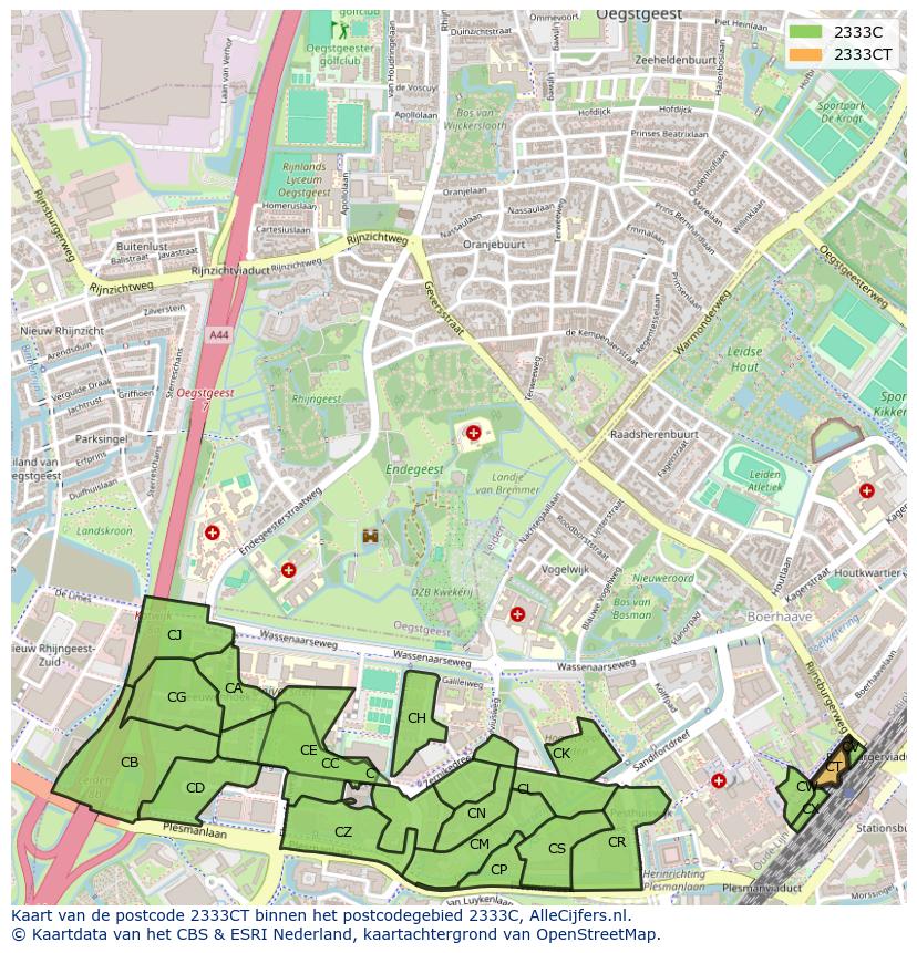 Afbeelding van het postcodegebied 2333 CT op de kaart.