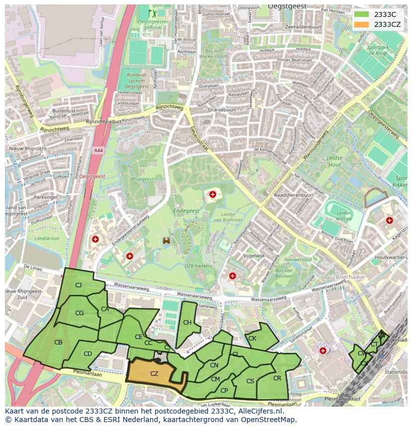 Afbeelding van het postcodegebied 2333 CZ op de kaart.