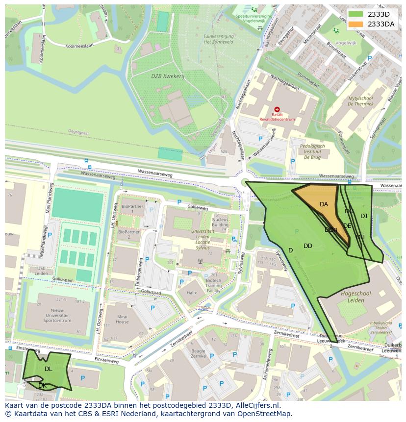 Afbeelding van het postcodegebied 2333 DA op de kaart.