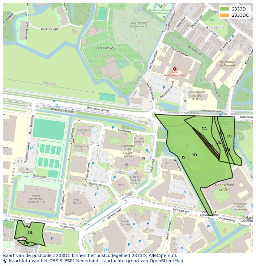 Afbeelding van het postcodegebied 2333 DC op de kaart.