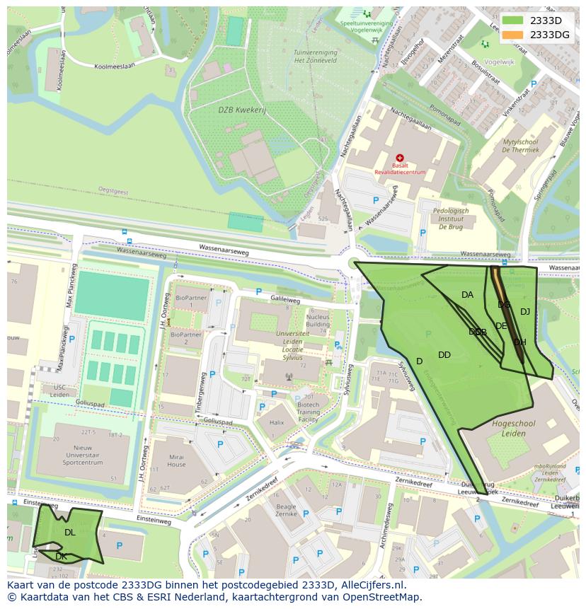 Afbeelding van het postcodegebied 2333 DG op de kaart.