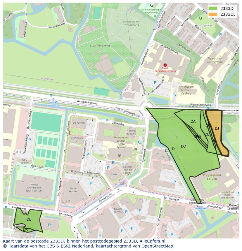 Afbeelding van het postcodegebied 2333 DJ op de kaart.