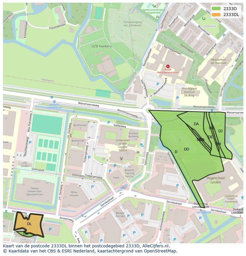 Afbeelding van het postcodegebied 2333 DL op de kaart.