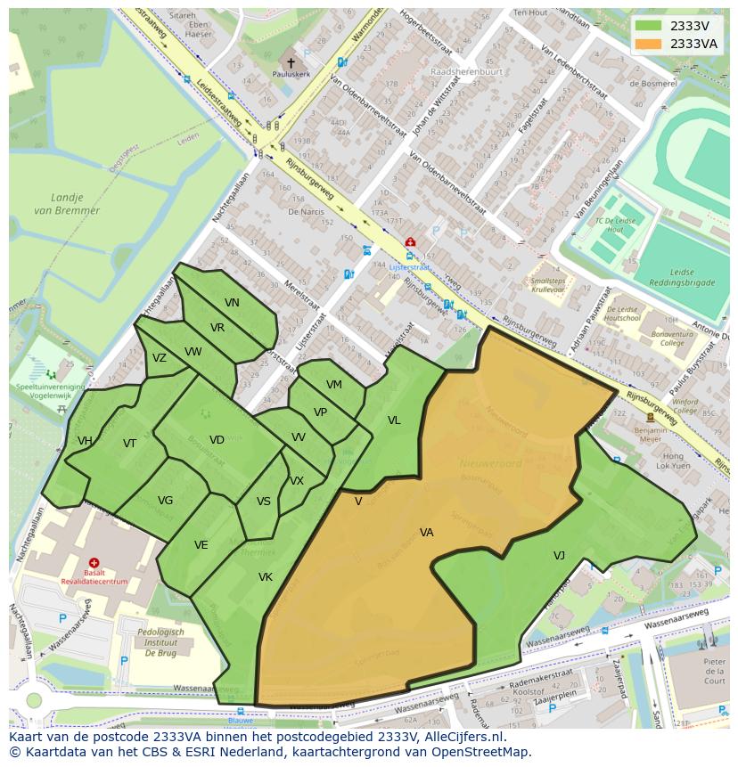 Afbeelding van het postcodegebied 2333 VA op de kaart.