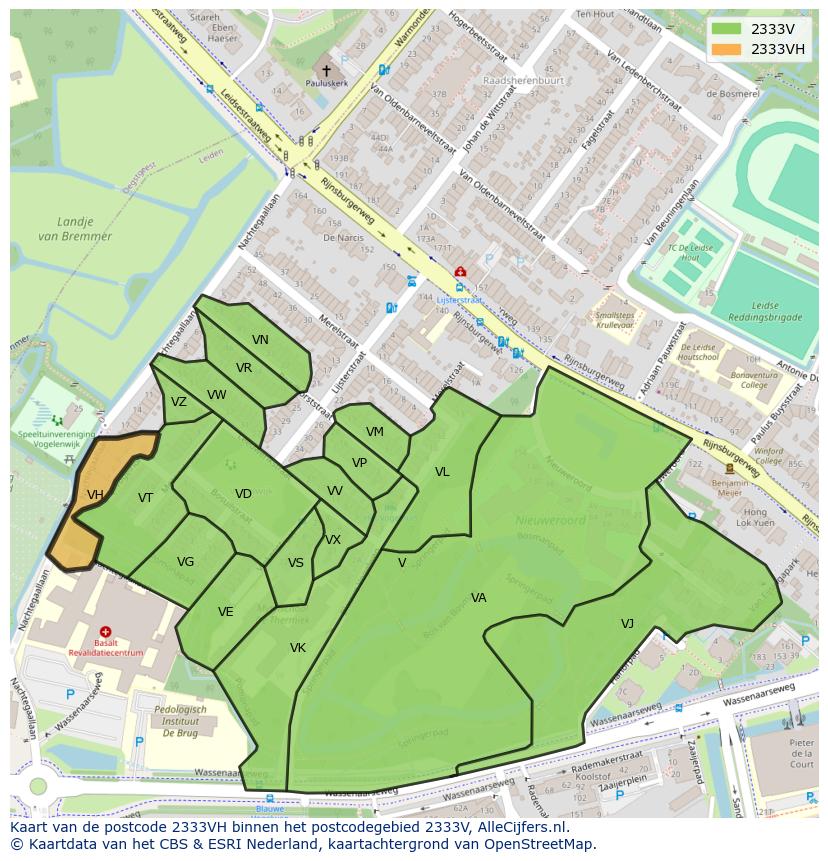 Afbeelding van het postcodegebied 2333 VH op de kaart.