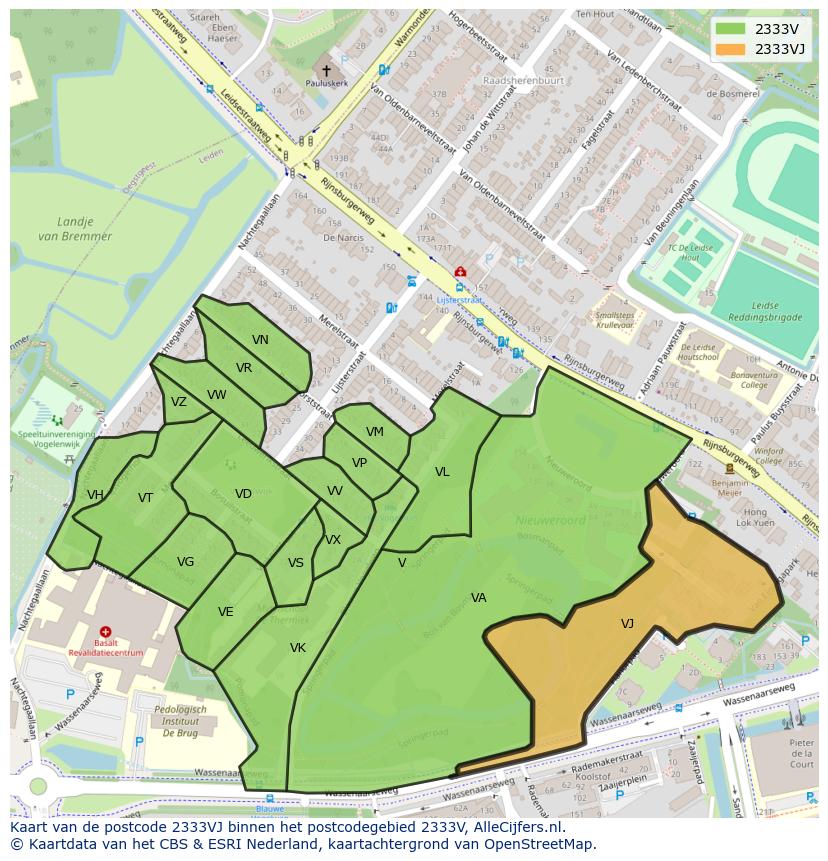 Afbeelding van het postcodegebied 2333 VJ op de kaart.