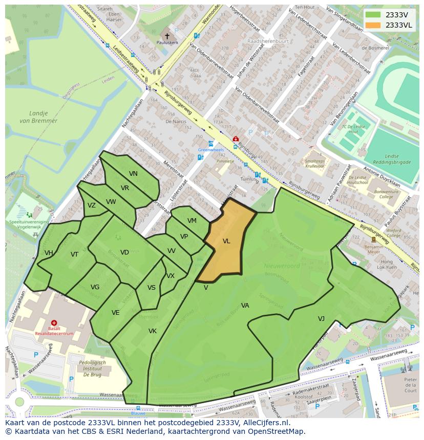 Afbeelding van het postcodegebied 2333 VL op de kaart.