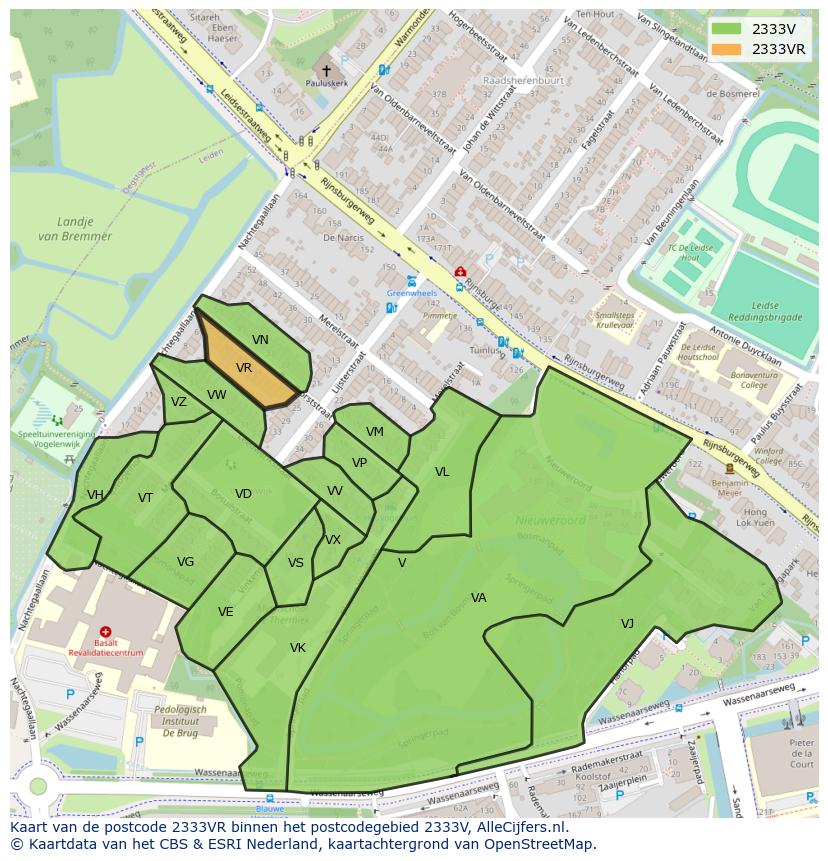 Afbeelding van het postcodegebied 2333 VR op de kaart.