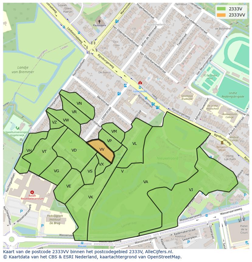 Afbeelding van het postcodegebied 2333 VV op de kaart.