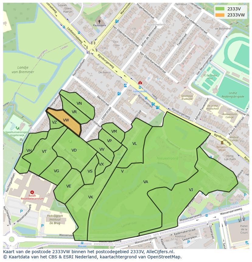 Afbeelding van het postcodegebied 2333 VW op de kaart.