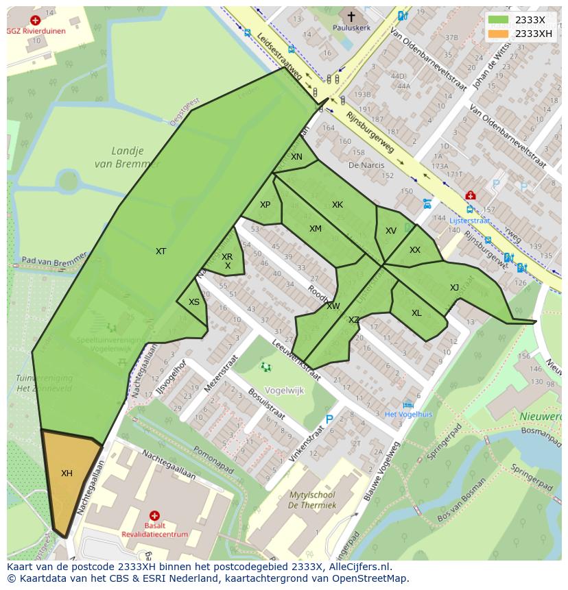 Afbeelding van het postcodegebied 2333 XH op de kaart.