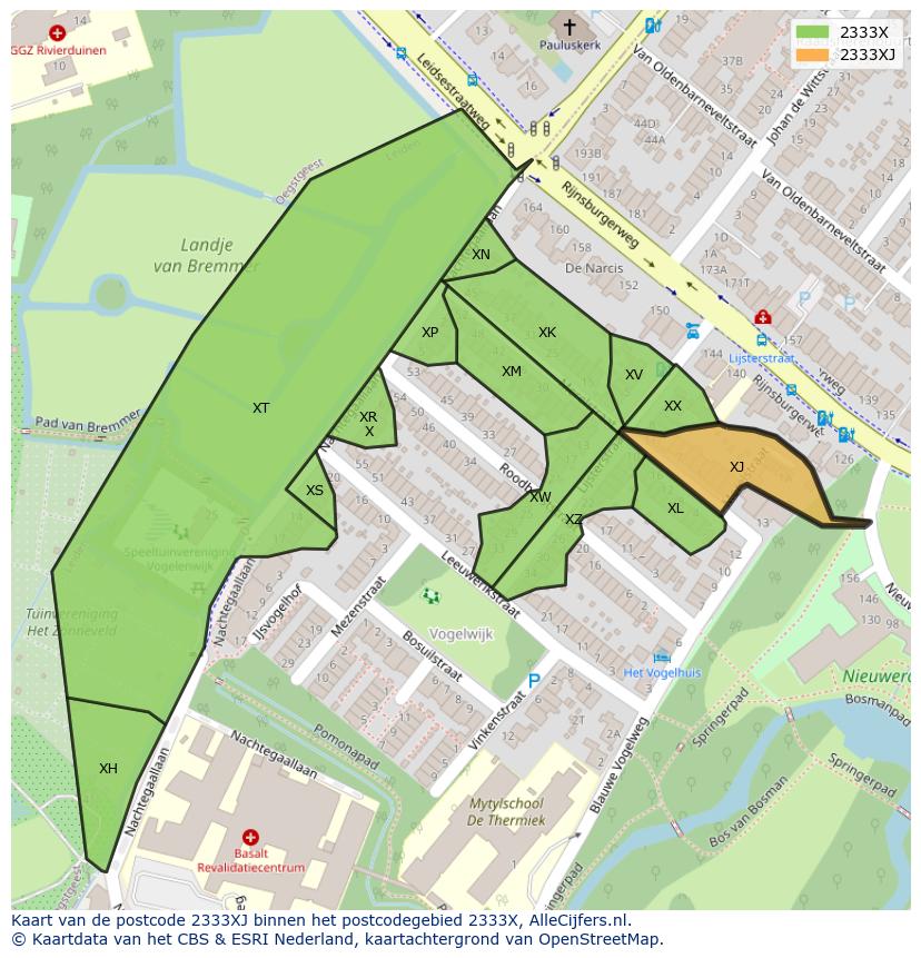 Afbeelding van het postcodegebied 2333 XJ op de kaart.
