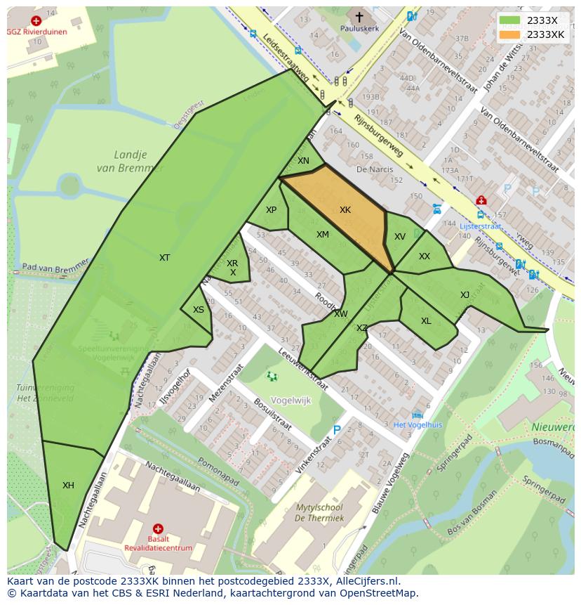 Afbeelding van het postcodegebied 2333 XK op de kaart.