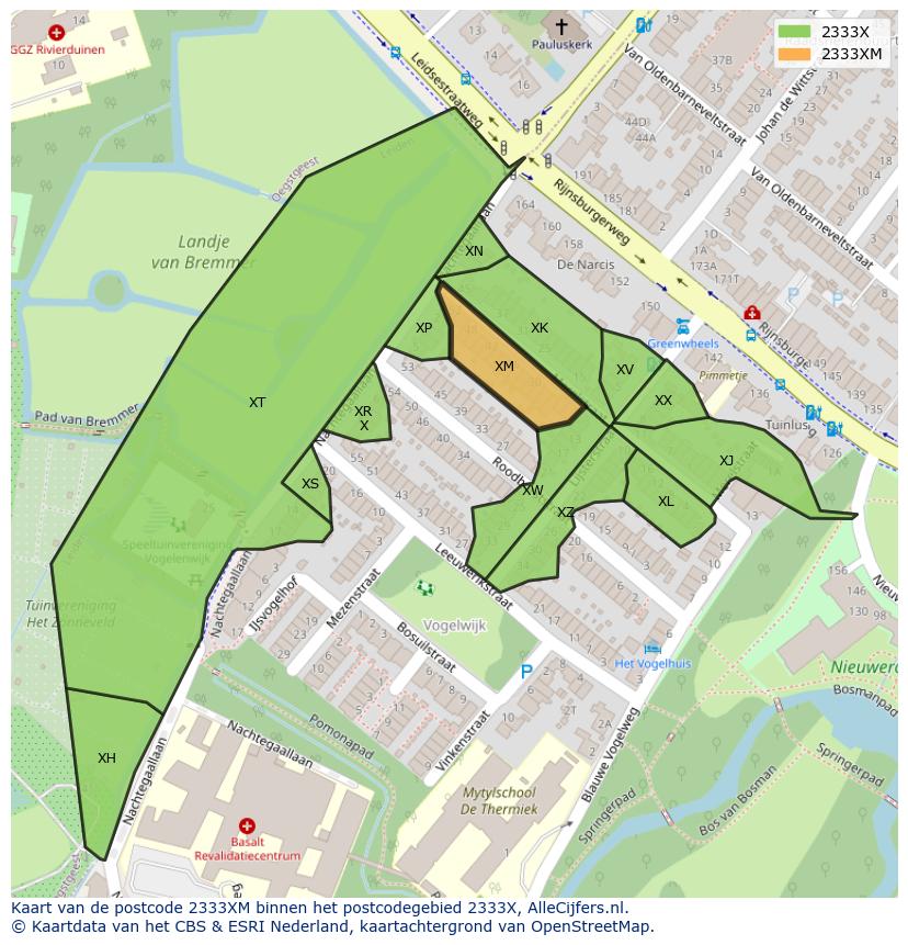 Afbeelding van het postcodegebied 2333 XM op de kaart.