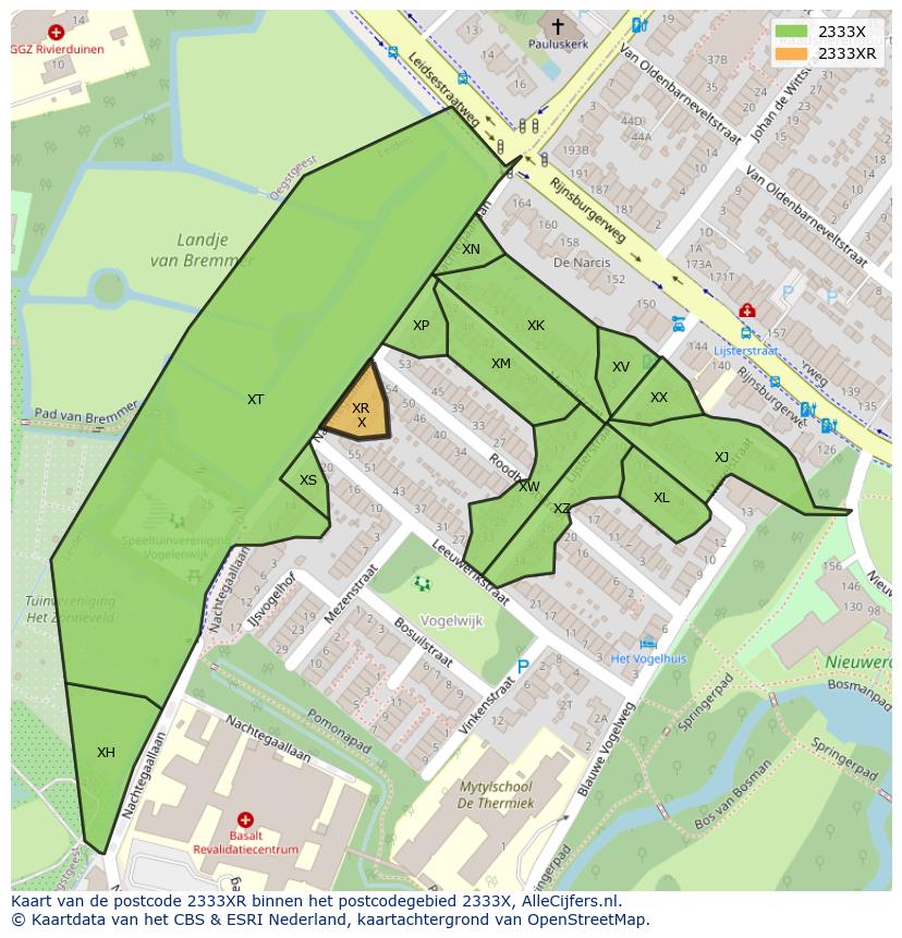 Afbeelding van het postcodegebied 2333 XR op de kaart.