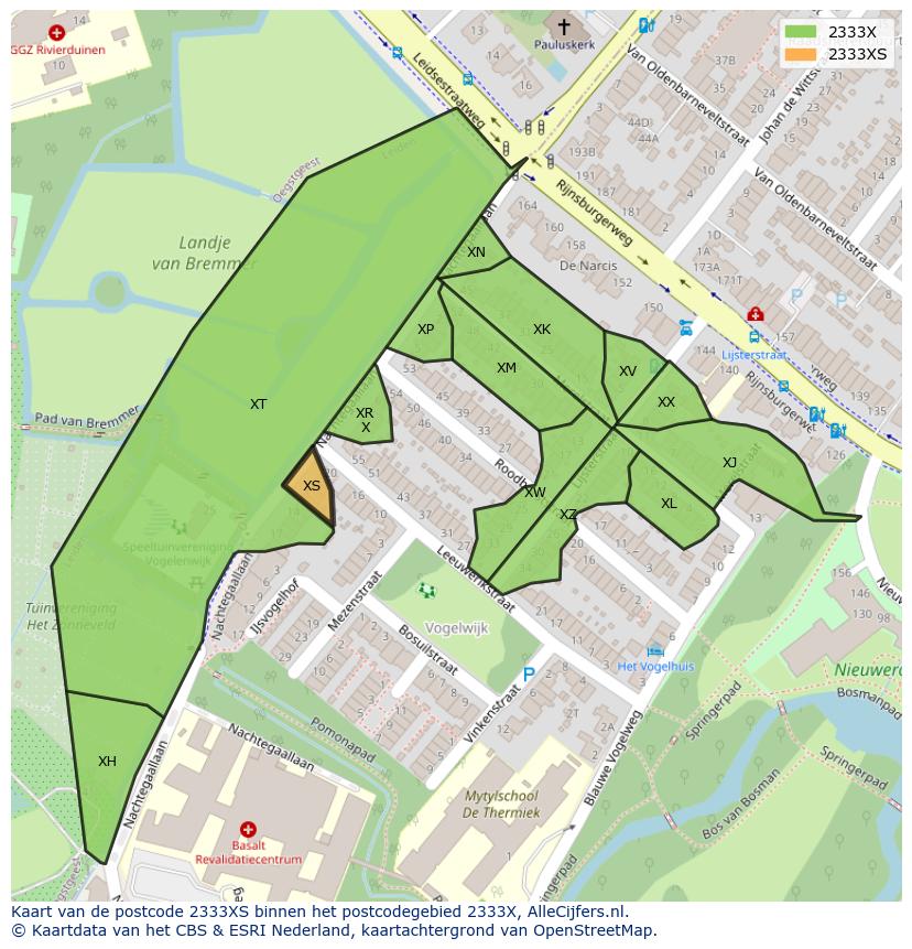 Afbeelding van het postcodegebied 2333 XS op de kaart.