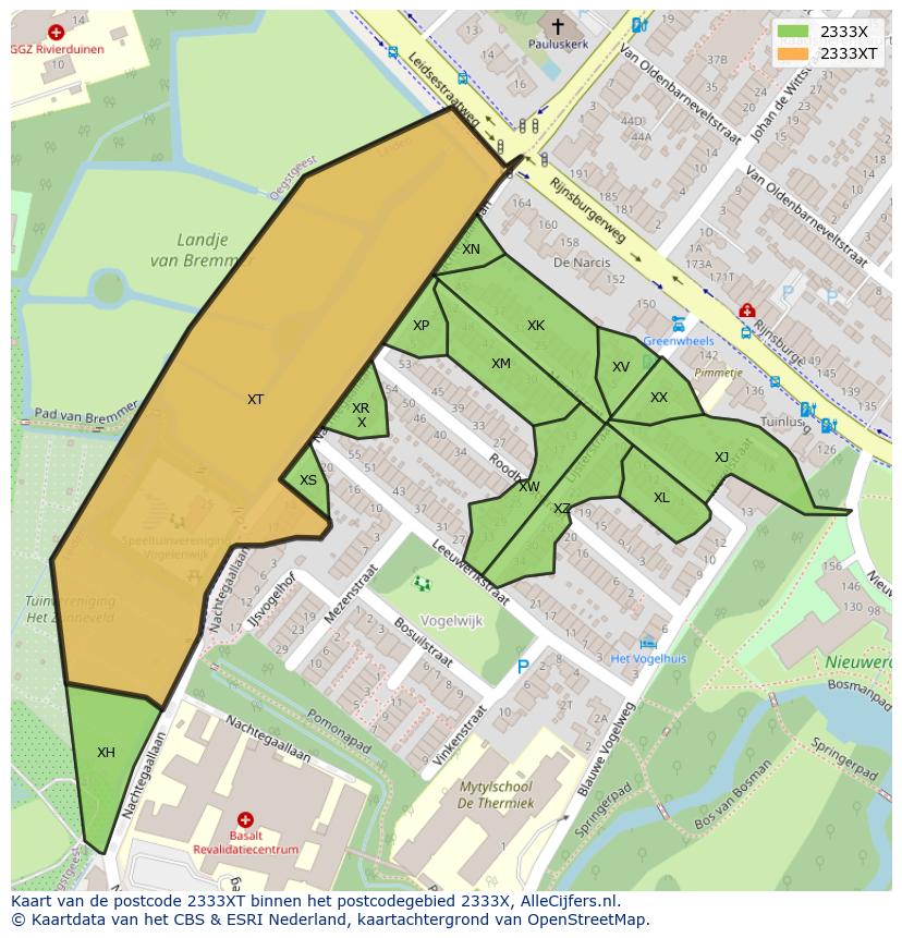 Afbeelding van het postcodegebied 2333 XT op de kaart.