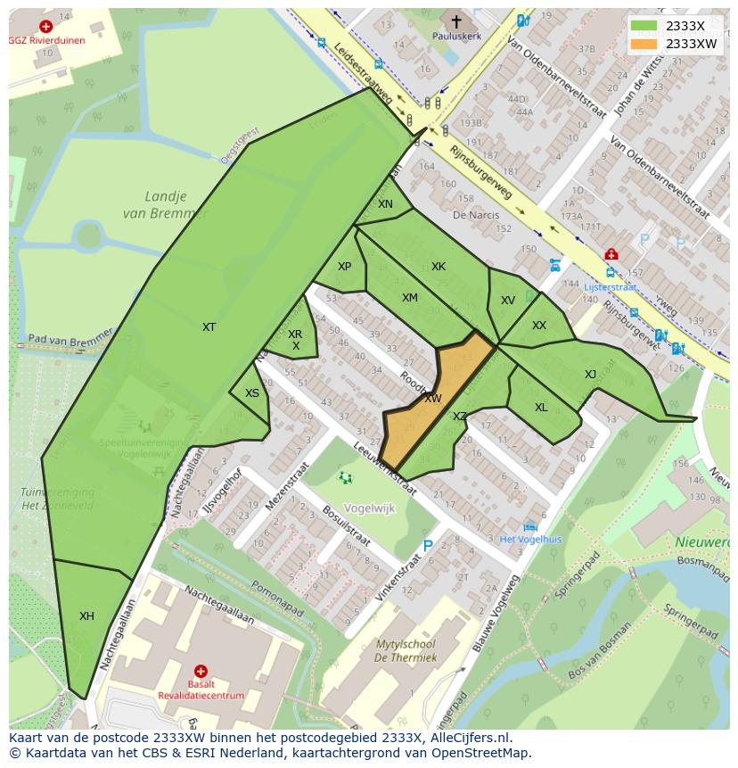 Afbeelding van het postcodegebied 2333 XW op de kaart.