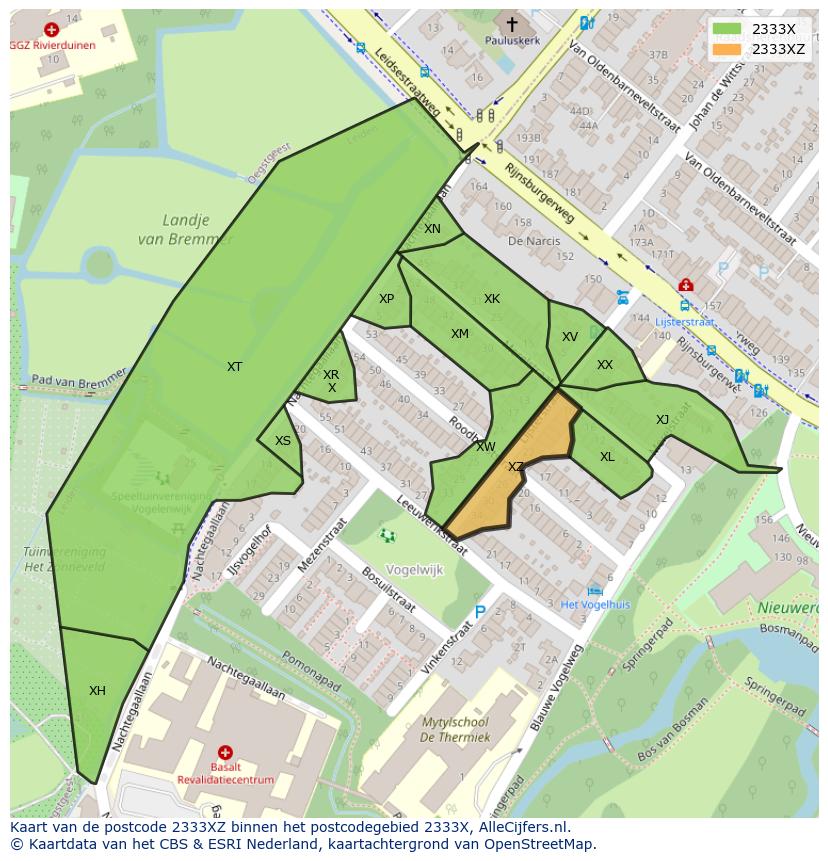 Afbeelding van het postcodegebied 2333 XZ op de kaart.