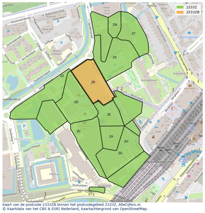 Afbeelding van het postcodegebied 2333 ZB op de kaart.