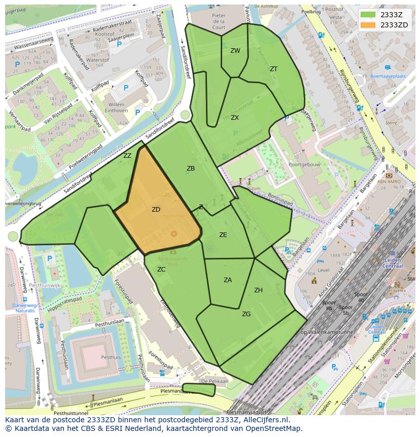 Afbeelding van het postcodegebied 2333 ZD op de kaart.