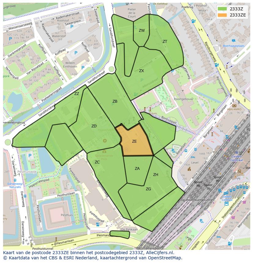 Afbeelding van het postcodegebied 2333 ZE op de kaart.